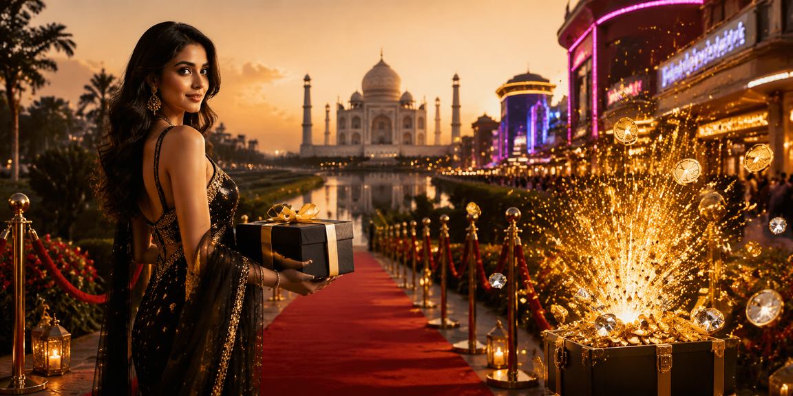Agra Taj Mahal with neon VIP bonus sign