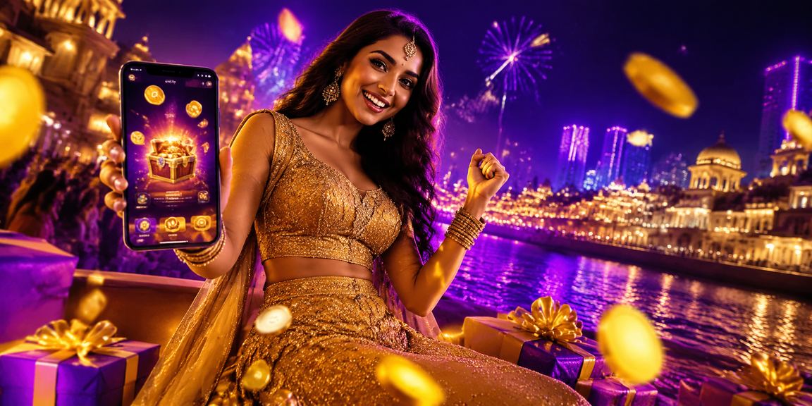 Indian woman buying lottery tickets online dressed in colorful traditional lehenga